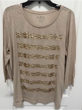 Chico's Women’s Beige Sequin Stripe 3/4 Sleeve Top, Lightweight, Size Large